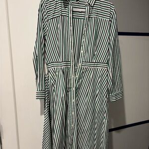 J. Crew Navy and Green Striped Shirt. Like new. Tie belt. Added snaps.